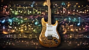 Electric guitar with musical notes and lines on a dark background