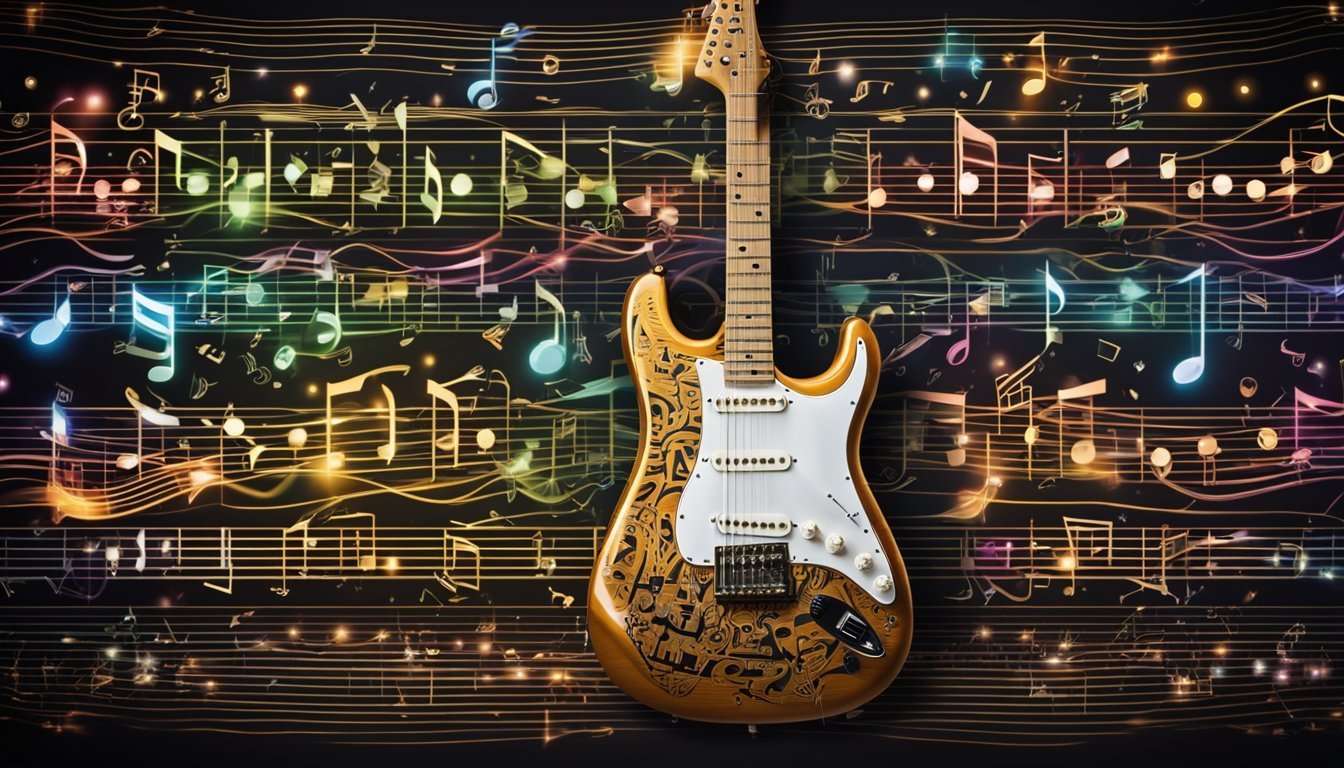 Electric guitar with musical notes and lines on a dark background