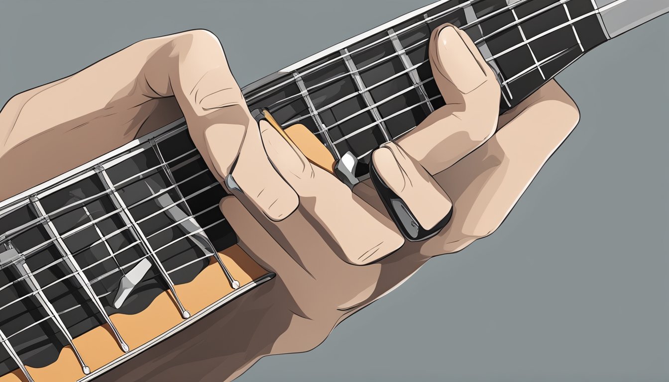 A guitar being held with fingers forming a C chord on the fretboard