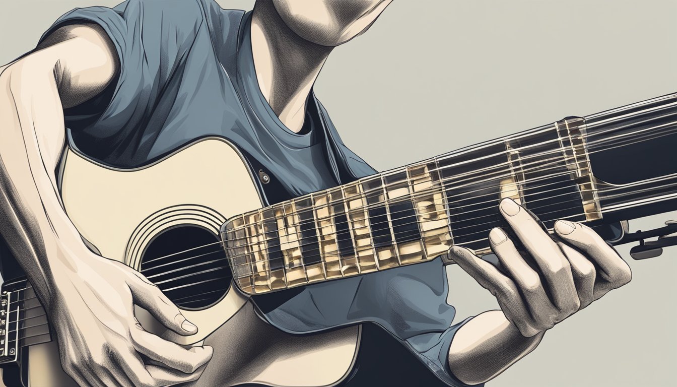A guitar being strummed with fingers forming chords