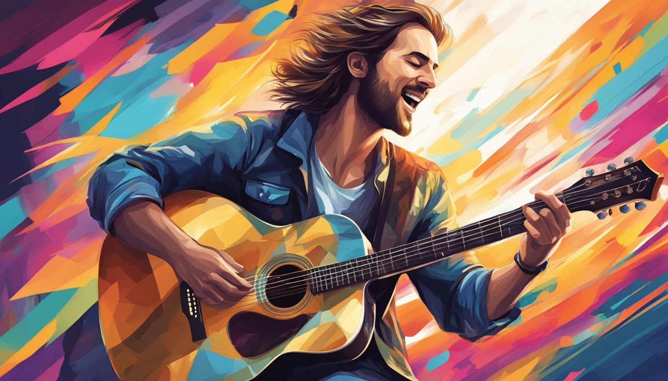 A guitarist strums a guitar, playing "Viva La Vida" with passion and skill.</p><p>The melody fills the room with vibrant energy