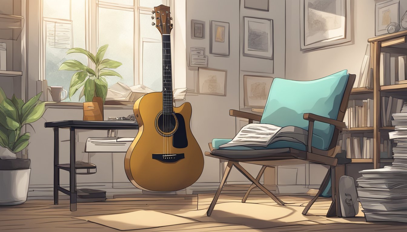 A guitar resting on a stand, surrounded by music sheets and a pick.</p><p>A chair nearby, with a music stand and a laptop open to a tutorial video