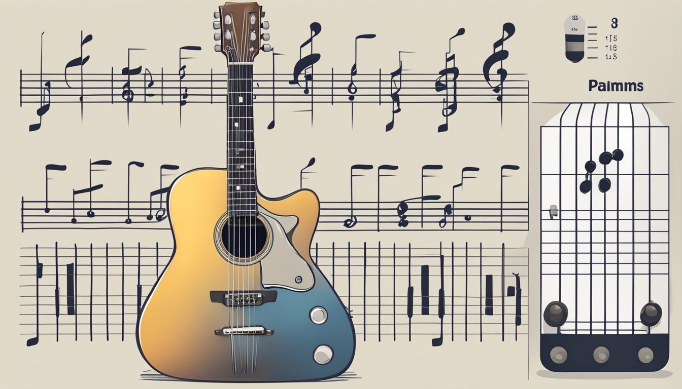 A guitar on a stand, fingers on fretboard, strumming strings, with a chord chart nearby