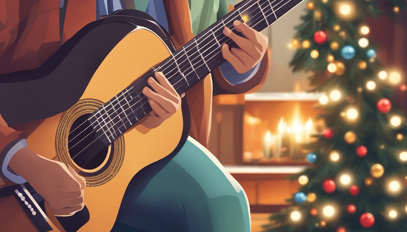 A guitar being strummed, fingers pressing down on the frets to play "Jingle Bells" in a cozy, festive setting