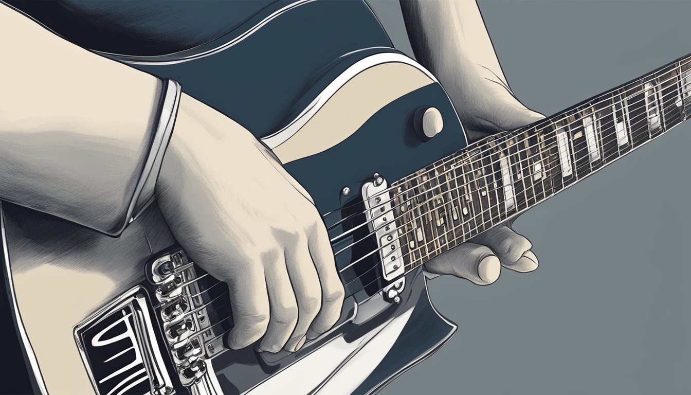 A guitar being strummed with fingers on fretboard