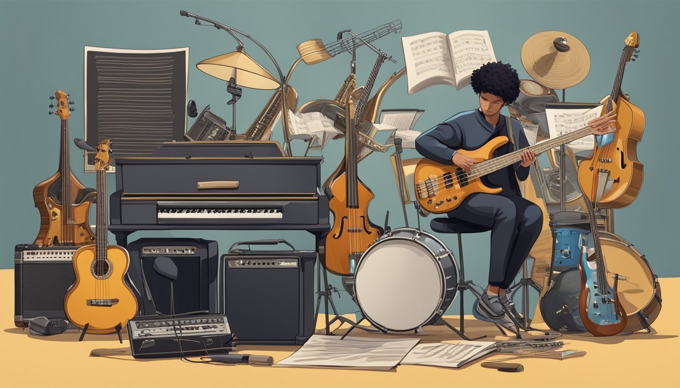 A person playing a bass guitar with a music stand and sheet music in front of them, surrounded by various musical instruments and equipment