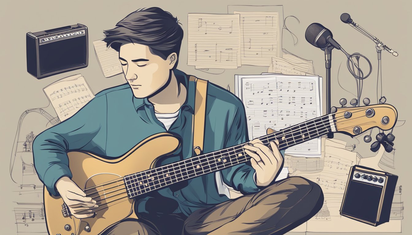 A person sits with a bass guitar, surrounded by music sheets and instructional books.</p><p>A metronome ticks steadily in the background as they practice their finger placements and strumming techniques