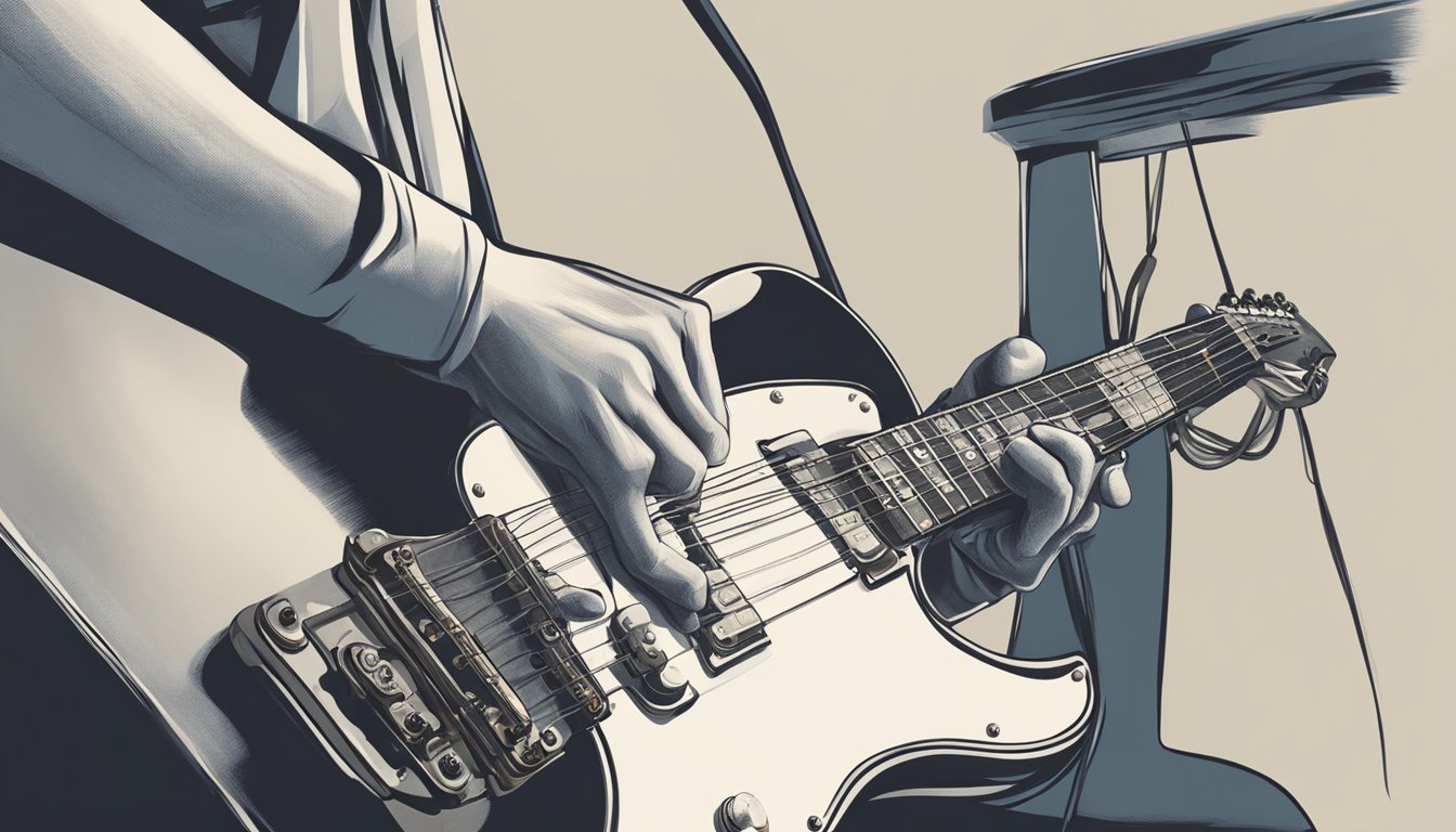 An electric guitar being played, fingers pressing down on the frets, while the other hand strums the strings, creating the melody of "Creep."
