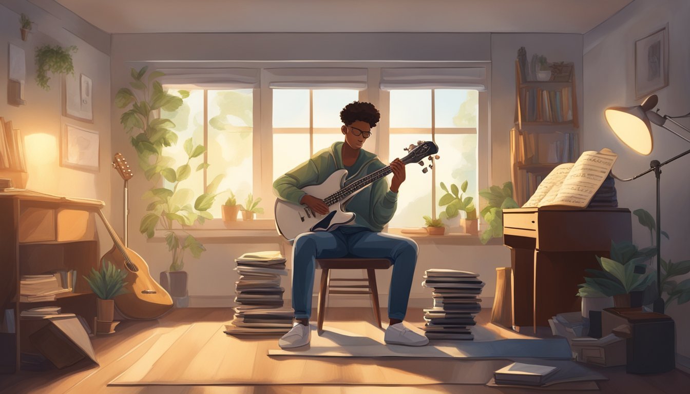 A person sitting with a bass guitar, surrounded by music sheets and a metronome, practicing in a cozy room with natural light streaming in through a window