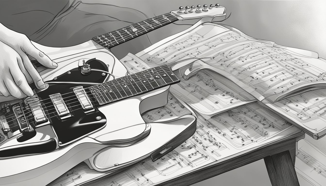 An electric guitar resting on a stand, with a musician's hand reaching out to adjust the tuning pegs, while a music sheet for "Creep" lies open nearby