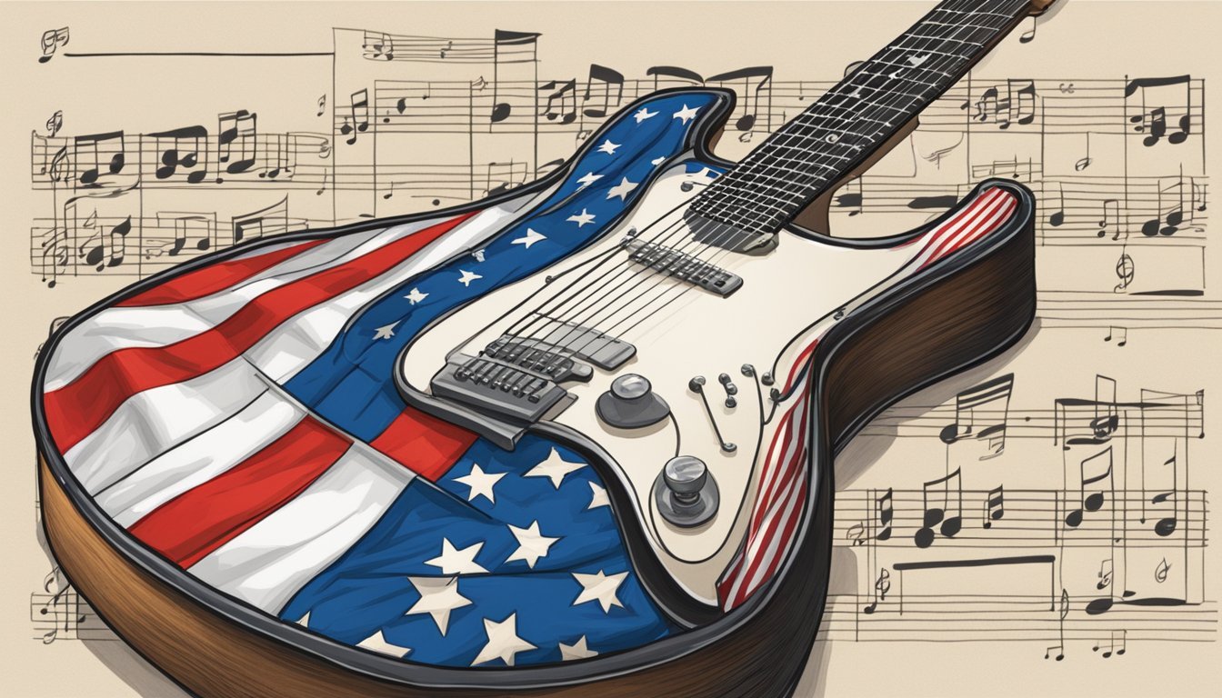 A guitar with the American flag draped over it, positioned in front of a music stand with sheet music for "The Star Spangled Banner."