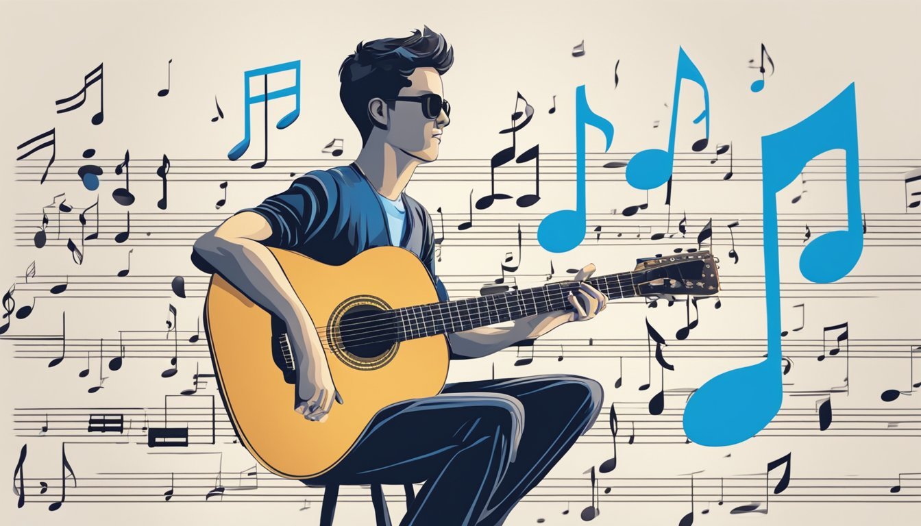 A person playing a guitar with a sheet of music notes in front of them