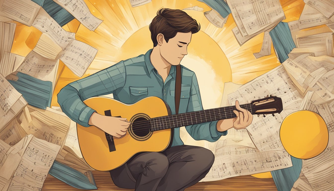A person playing "You Are My Sunshine" on a guitar, surrounded by vintage music sheets and a warm, nostalgic atmosphere