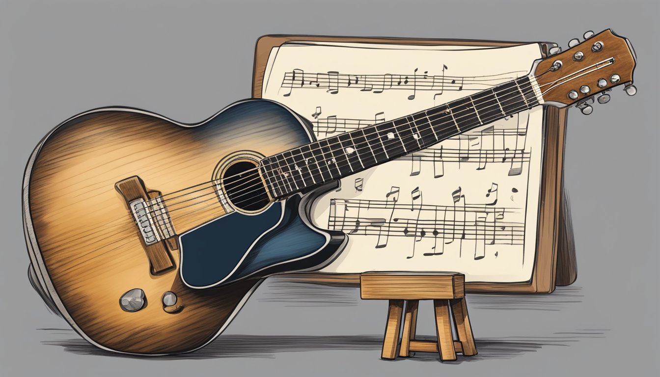 A guitar with fingers positioned on the fretboard, strumming a chord progression for "Wagon Wheel" with a music stand holding the sheet music nearby