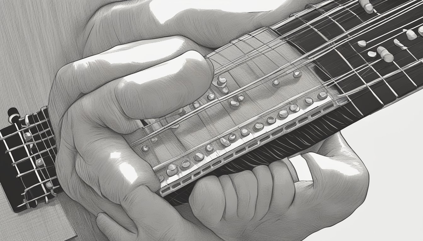 A hand strums a guitar, fingers press down on the second fret of the A string and the fourth fret of the D and G strings