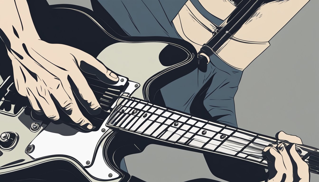 A guitarist playing a power chord on an electric guitar, with the fingers pressing down on the strings and the other hand strumming the guitar
