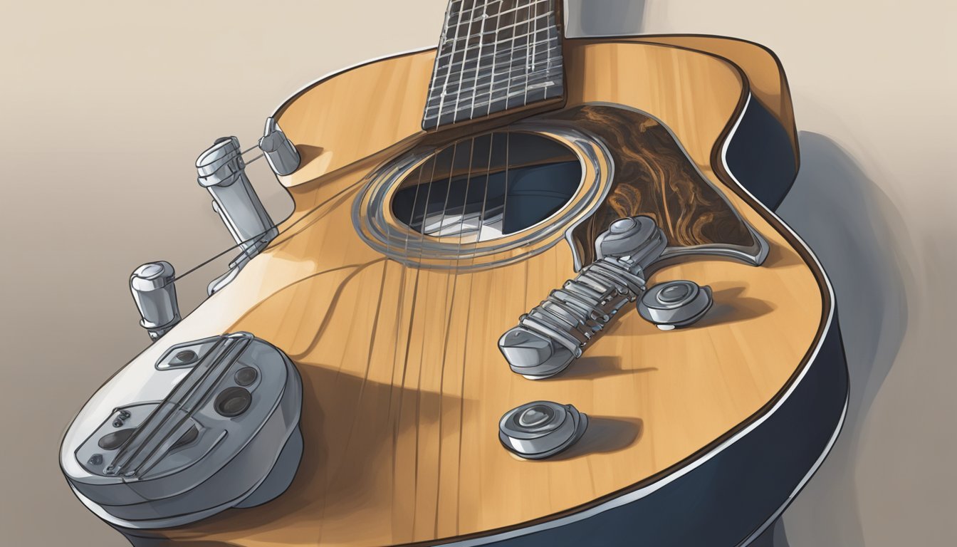 An acoustic guitar resting on a stand, with a hand reaching out to gently cradle the neck and body