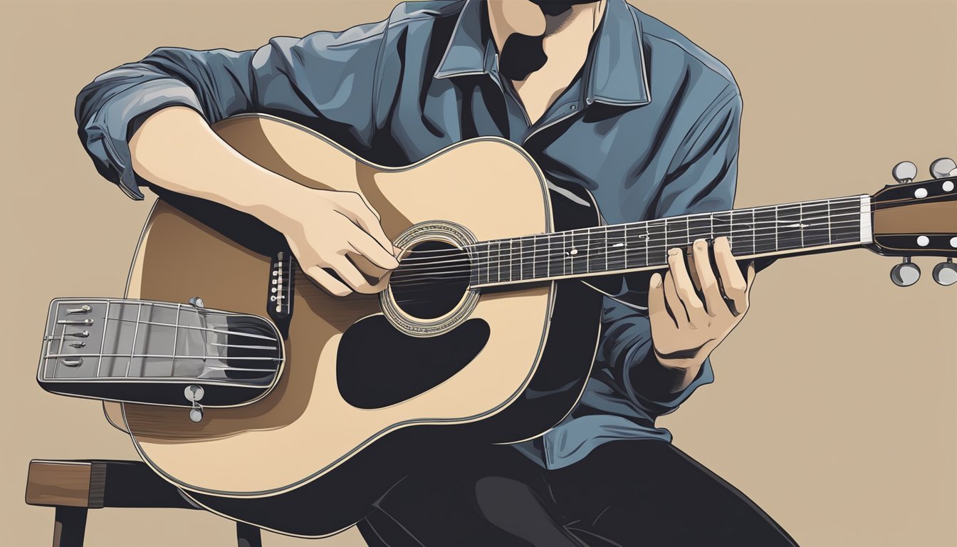 An acoustic guitar resting on a stand, with a hand reaching out to adjust the tuning pegs