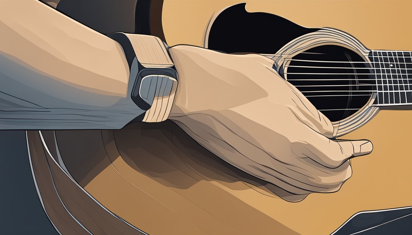 An acoustic guitar resting on a stand, with a hand reaching out to adjust the position of the guitar neck