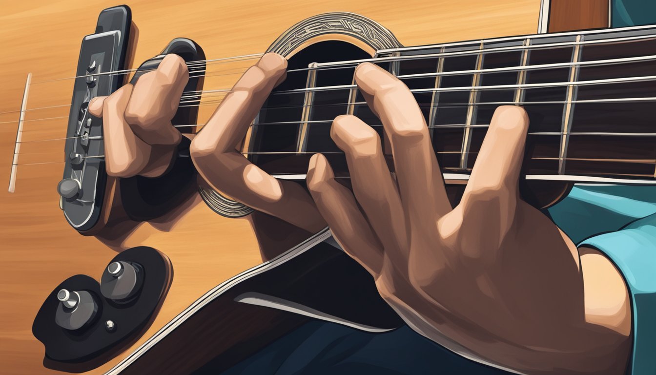 A person's hand strums a guitar, fingers moving along the fretboard to play the song "Creep."