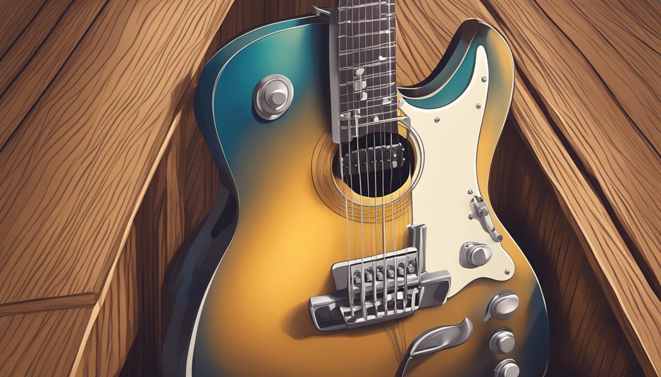 A guitar resting on a wooden chair, with fingers plucking the strings in a rhythmic pattern