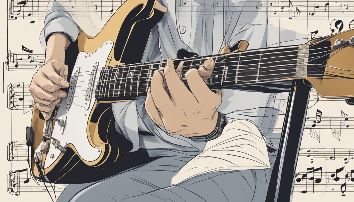 A person's hand holding an electric guitar with a music stand and sheet music in the background