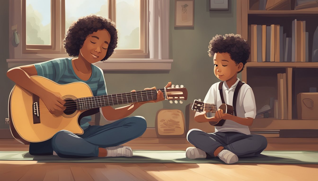 A young child sits cross-legged, holding a small guitar, while a teacher patiently demonstrates proper finger placement and strumming technique
