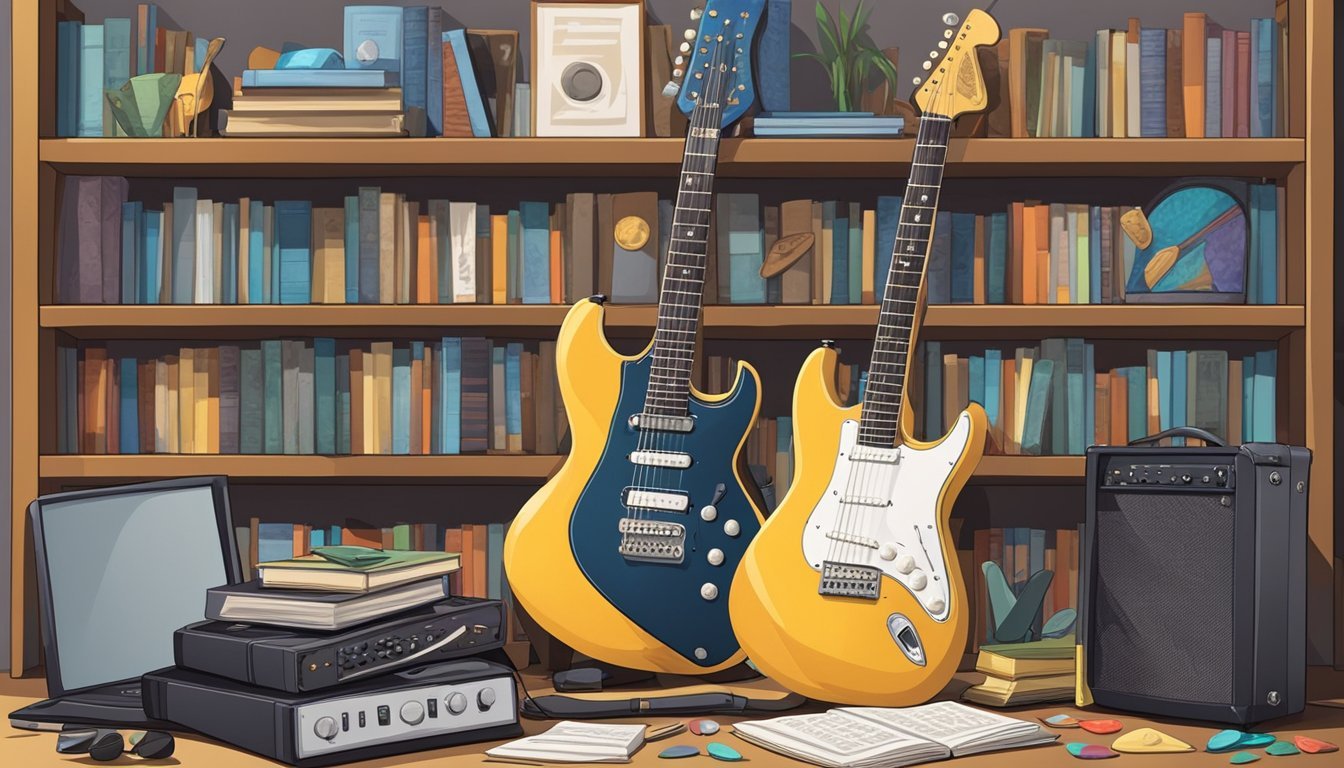 An electric guitar resting on a stand, surrounded by music sheets, a metronome, and a variety of guitar picks.</p><p>A bookshelf filled with instructional books and DVDs in the background