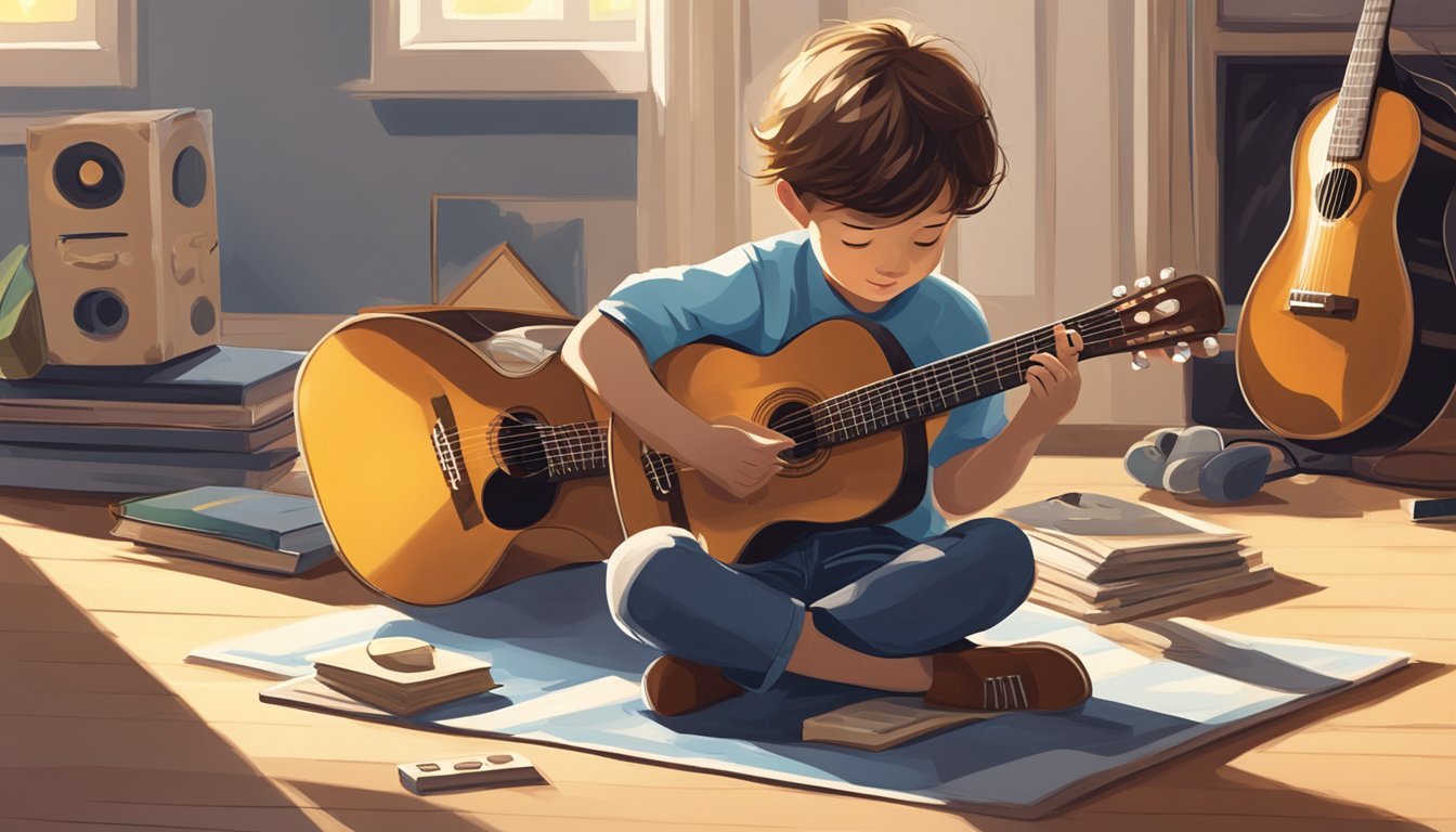 A child sitting cross-legged, holding a small guitar, surrounded by music books and a metronome on a sunlit floor