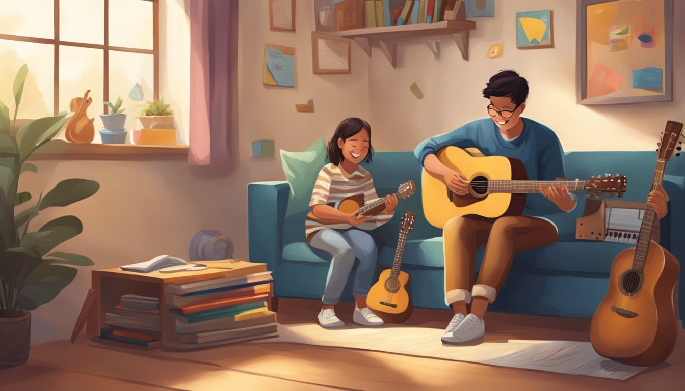 A child sits in a cozy room, surrounded by musical instruments and books.</p><p>A patient teacher smiles as they guide the child through their first guitar lesson