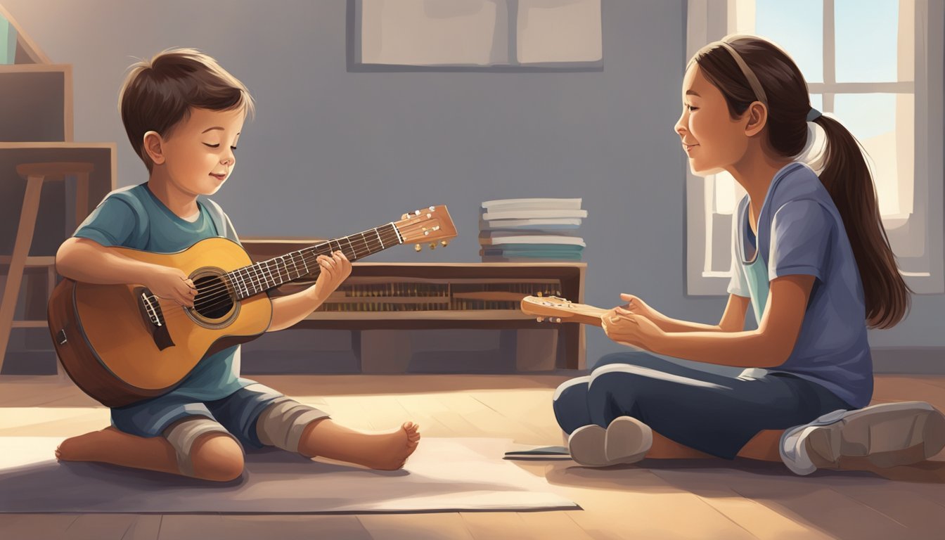 A young child sitting cross-legged, holding a guitar, with a patient instructor guiding their hand on the fretboard