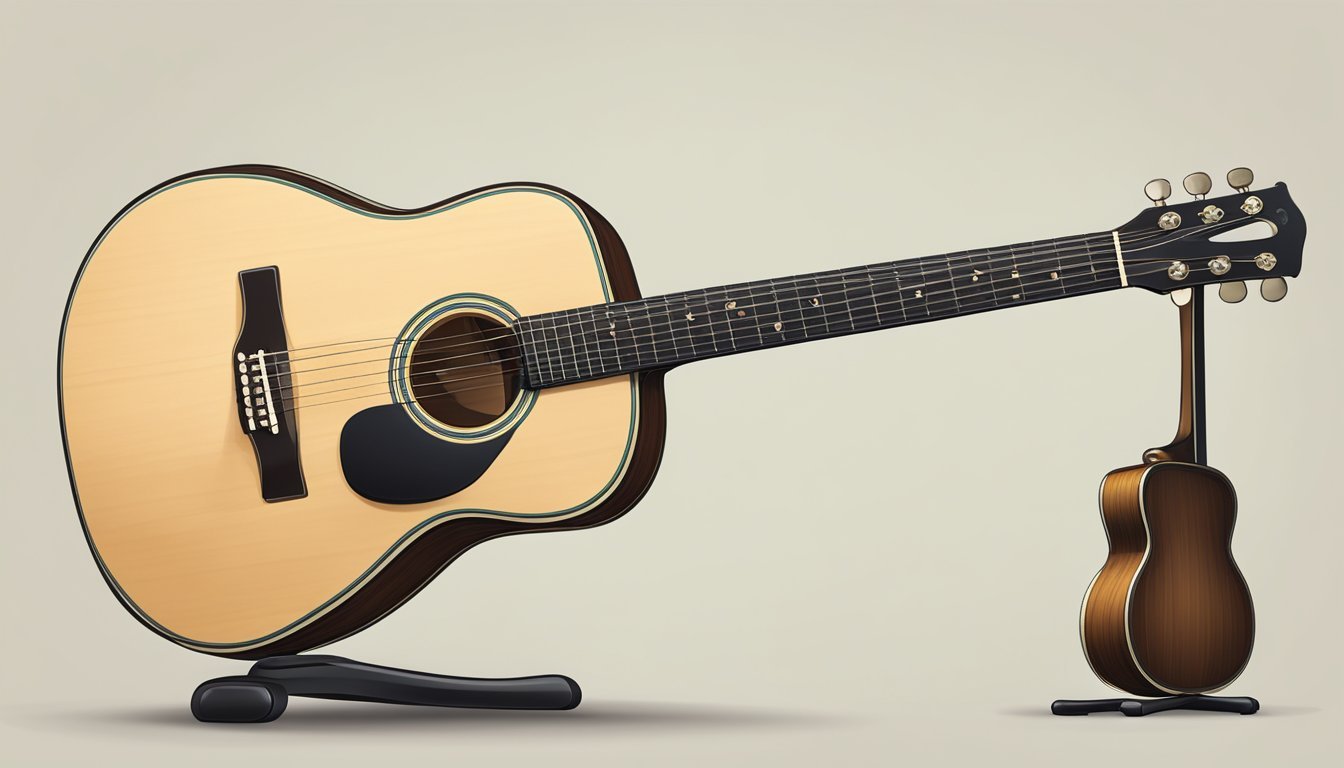 An acoustic guitar sits upright on a stand, with the neck angled slightly upwards and the body resting on the ground