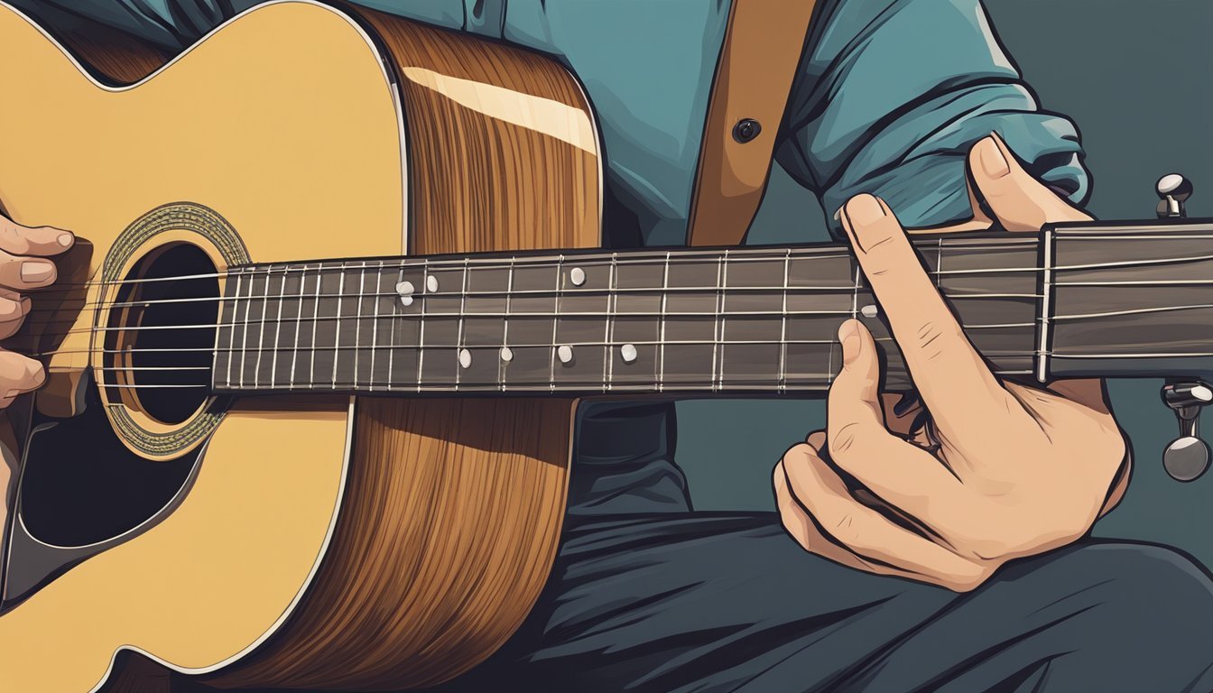 A guitar being held by a person's lap, fingers pressing down on the strings to form a G chord, while the other hand strums the strings