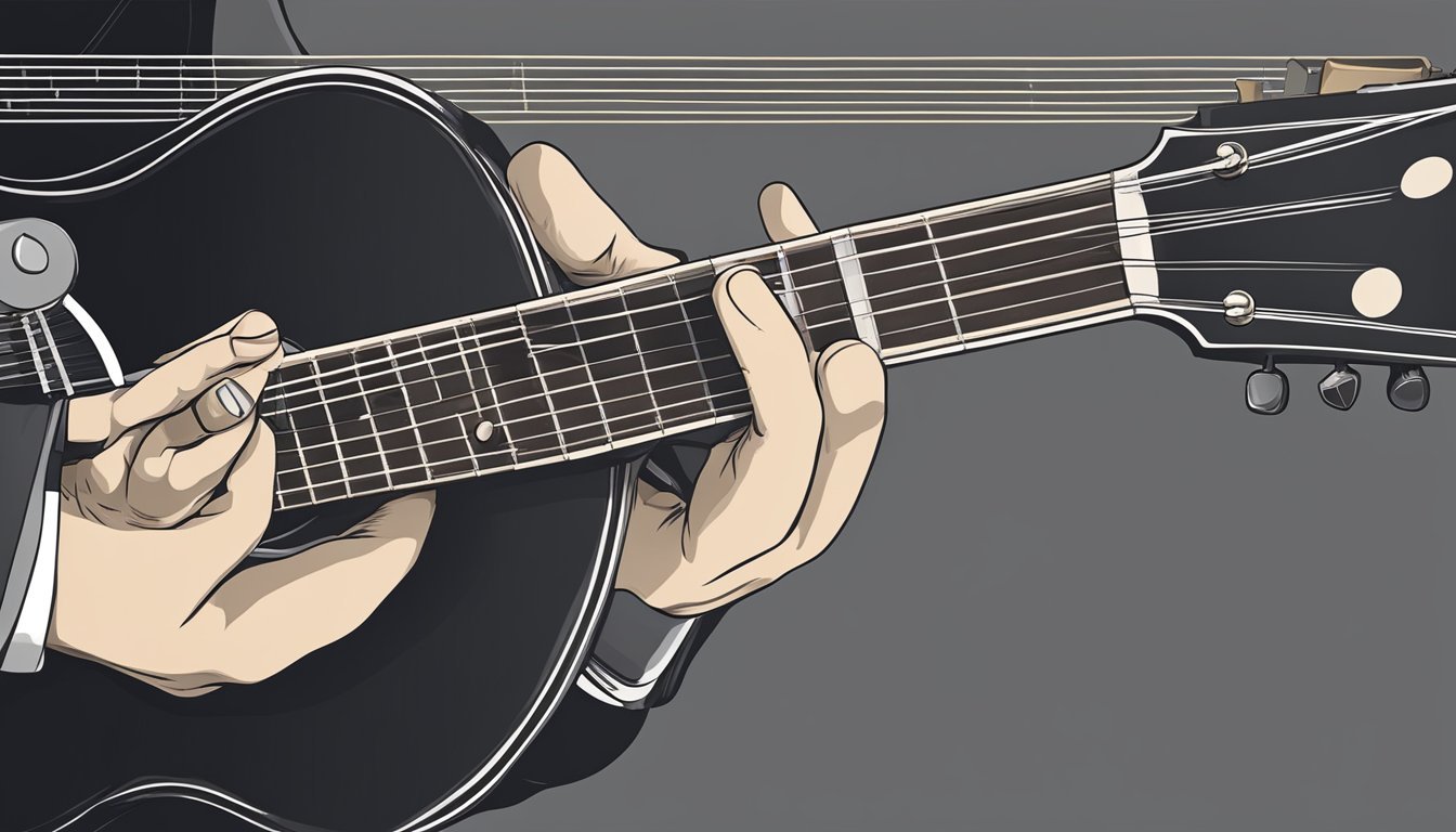 A hand holding a guitar fretting the G chord