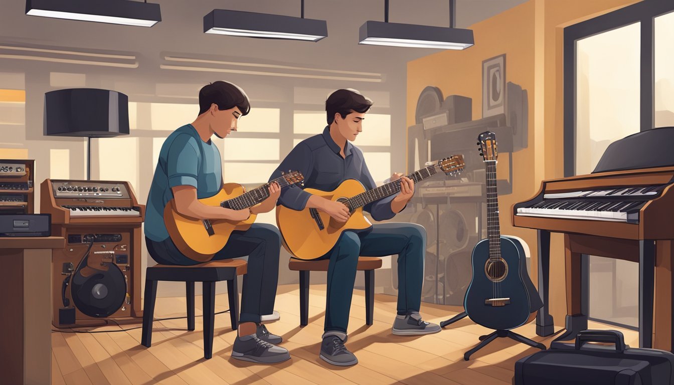 A guitar center instructor teaches a student in a music room, surrounded by instruments and music equipment