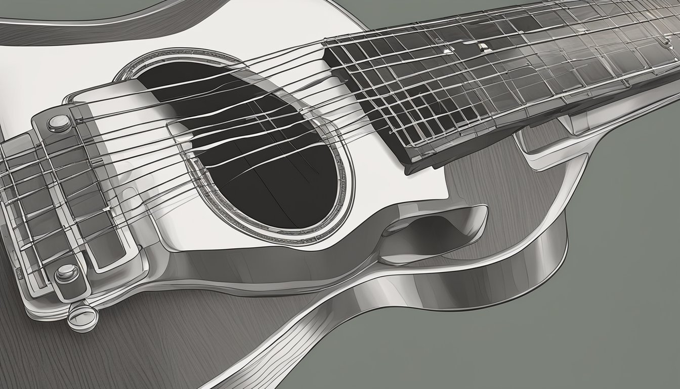 A guitar with fingers on the fretboard pressing down on the third fret of the low E string