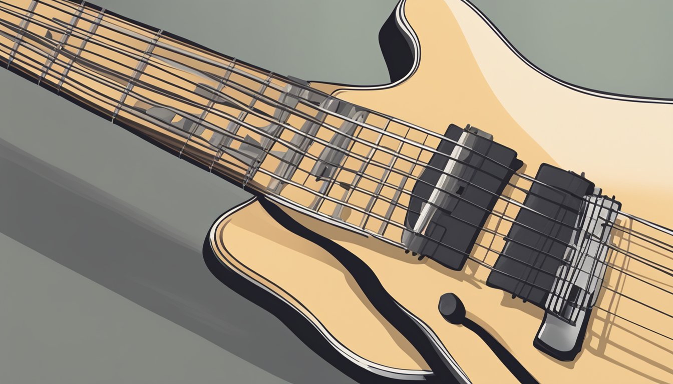 A guitar fretboard with fingers pressing down on the third fret of the low E string to play a G chord