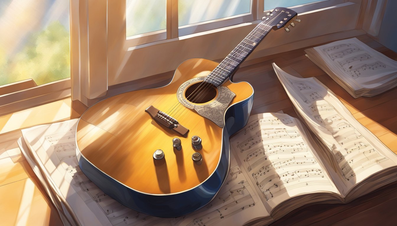 A guitar resting on a stand, surrounded by sheet music and a pick.</p><p>Sunlight streams through a window, casting a warm glow on the instrument