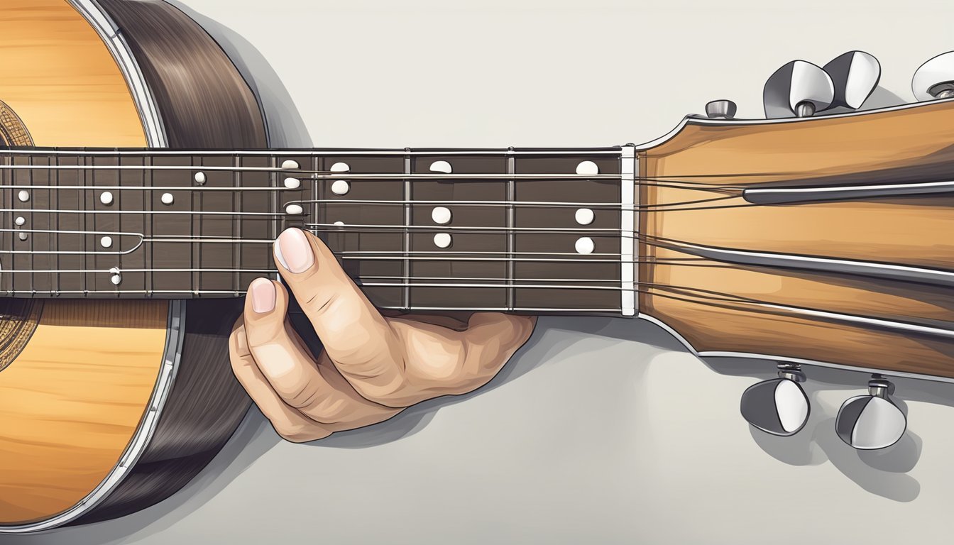 A guitar with fingers on the fretboard, forming a minor chord