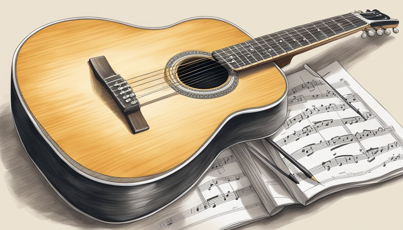 A guitar resting on a stand, with sheet music and a pencil nearby