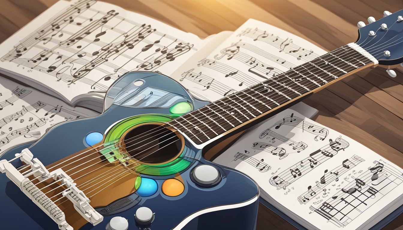 A guitar fretboard with musical notes and corresponding tablature, surrounded by instructional books and music theory charts