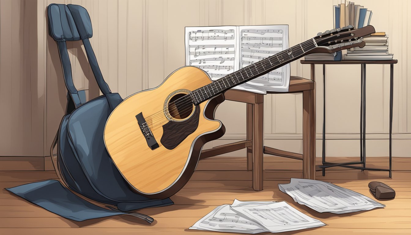A guitar resting on a stand, with a pick and sheet music nearby.</p><p>A chair in front of the guitar, ready for someone to sit and play