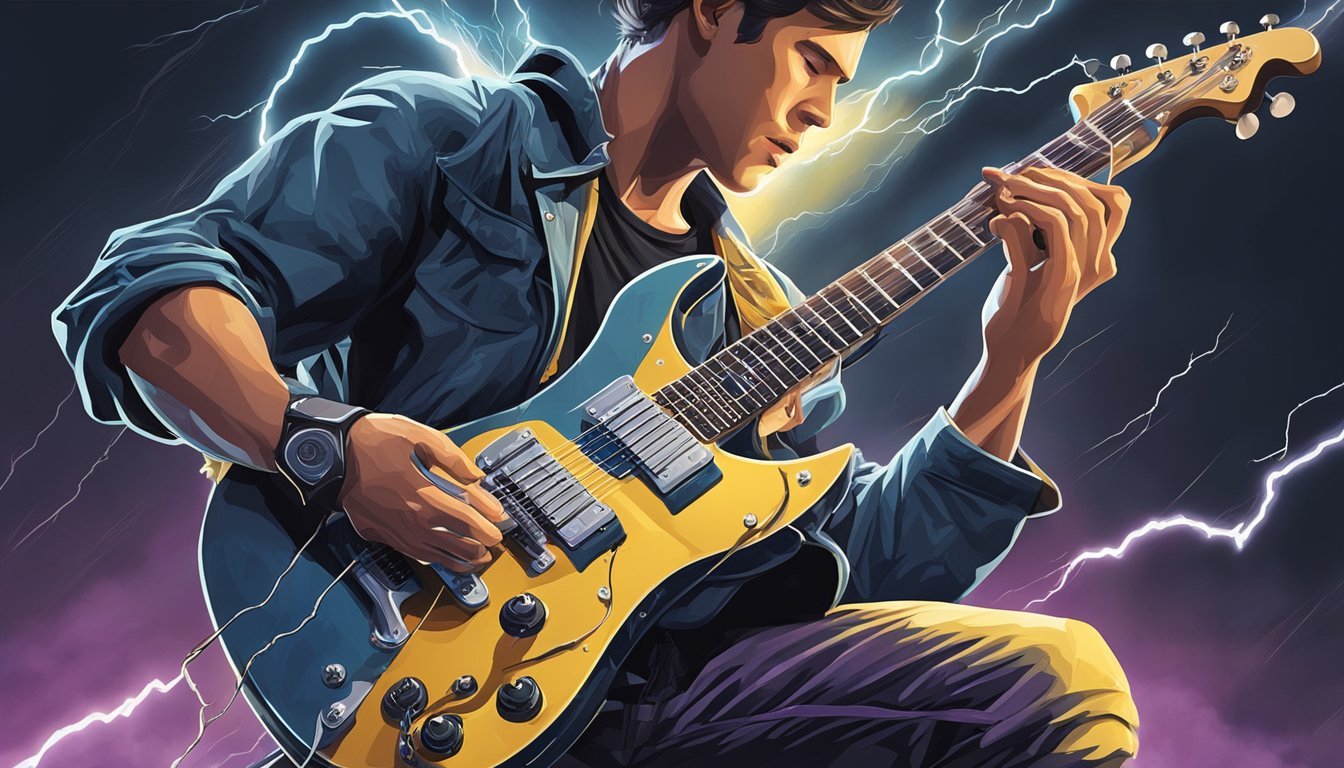 A guitarist strums a lightning bolt-shaped electric guitar while playing the iconic riff of "Thunderstruck" with determination and precision