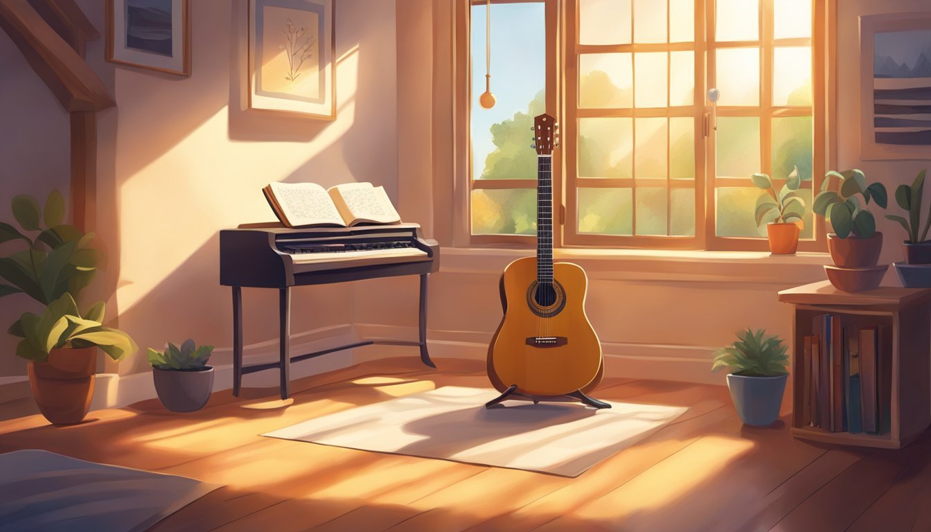 A cozy room with a guitar, music stand, and open book on a table.</p><p>Sunlight streams in through a window, casting a warm glow on the scene