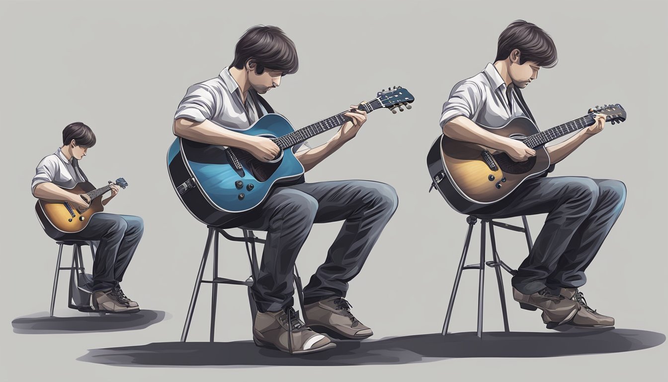 A guitar resting upright on a stand, with one hand gently gripping the neck and the other hand lightly strumming the strings