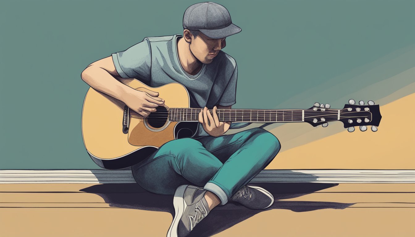A person sitting with a guitar resting on their right leg, holding the neck with their left hand and strumming with their right hand
