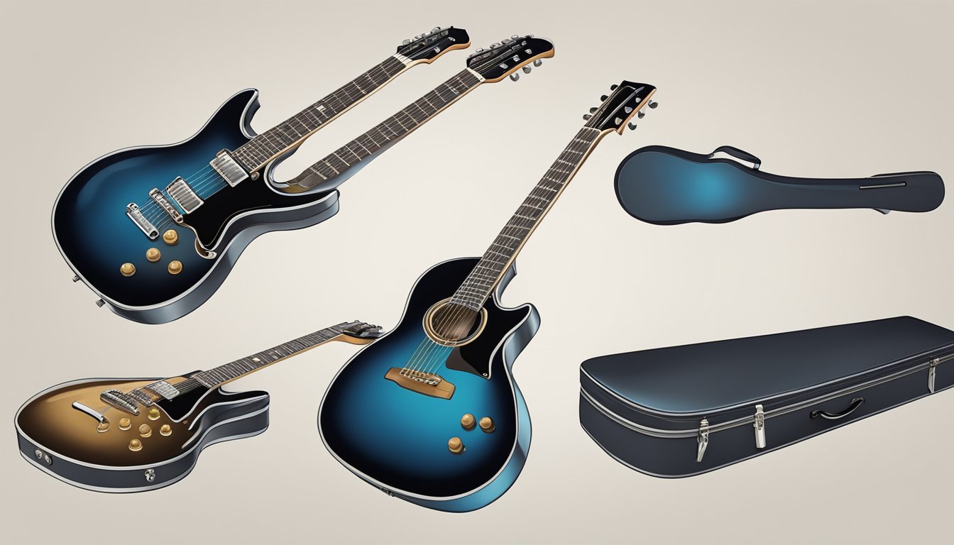 A guitar resting on a stand, with fingers gently gripping the neck in a proper playing position