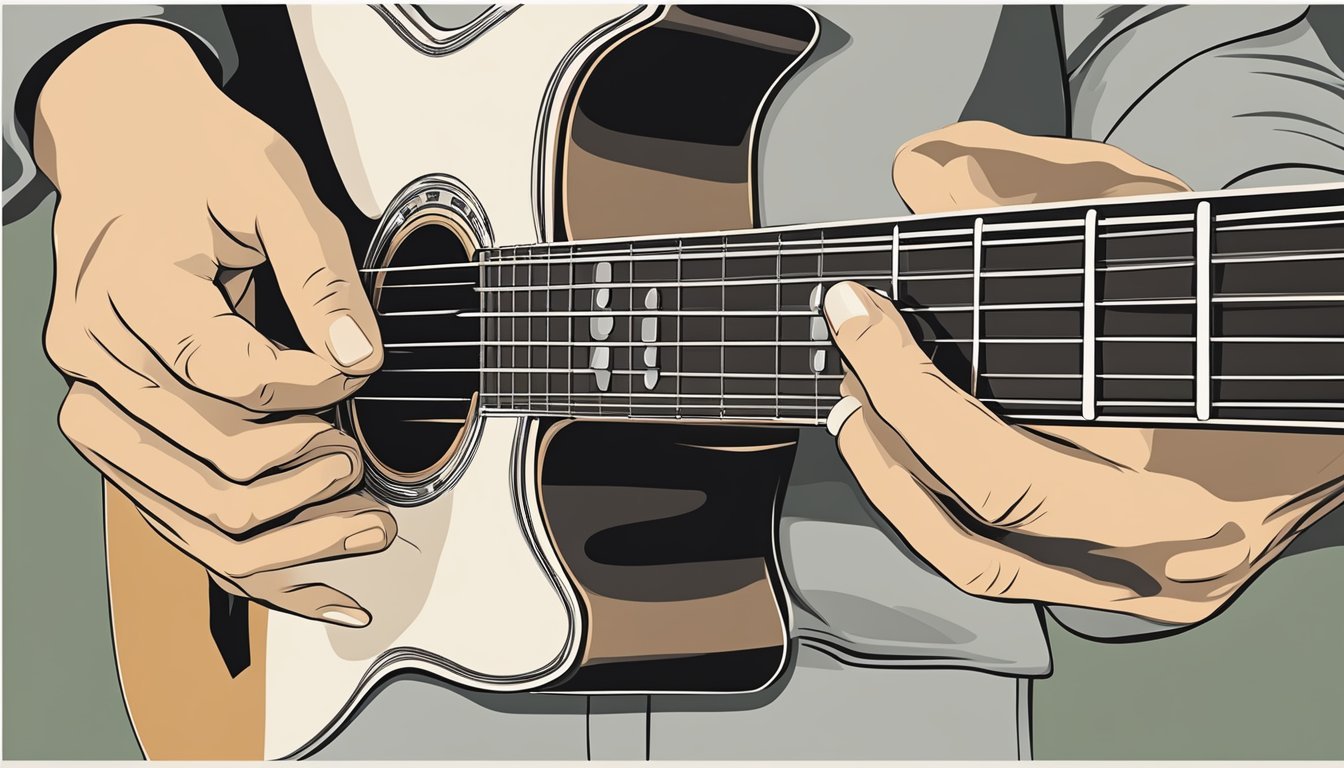 A hand strums a guitar, forming a G chord with fingers on the fretboard