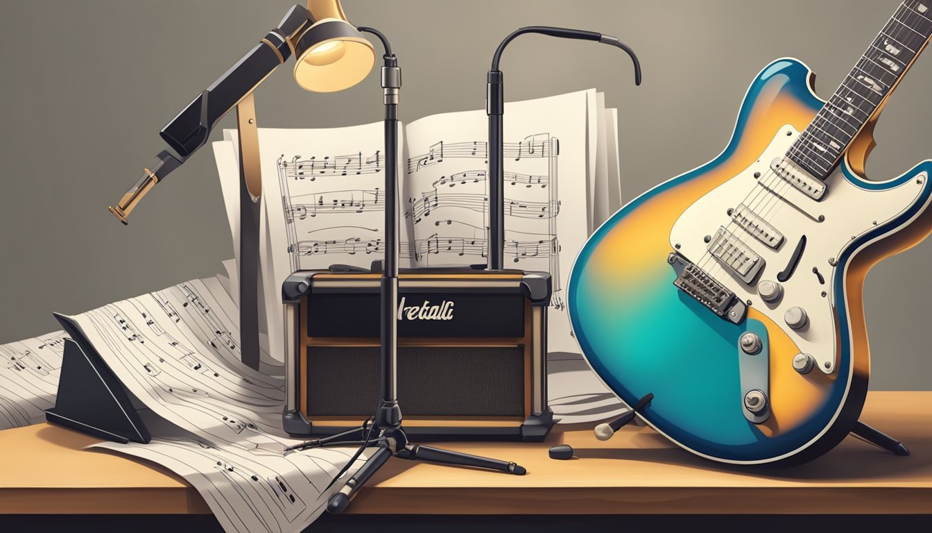 A guitar resting on a stand, surrounded by sheet music and a metronome, with a music stand nearby