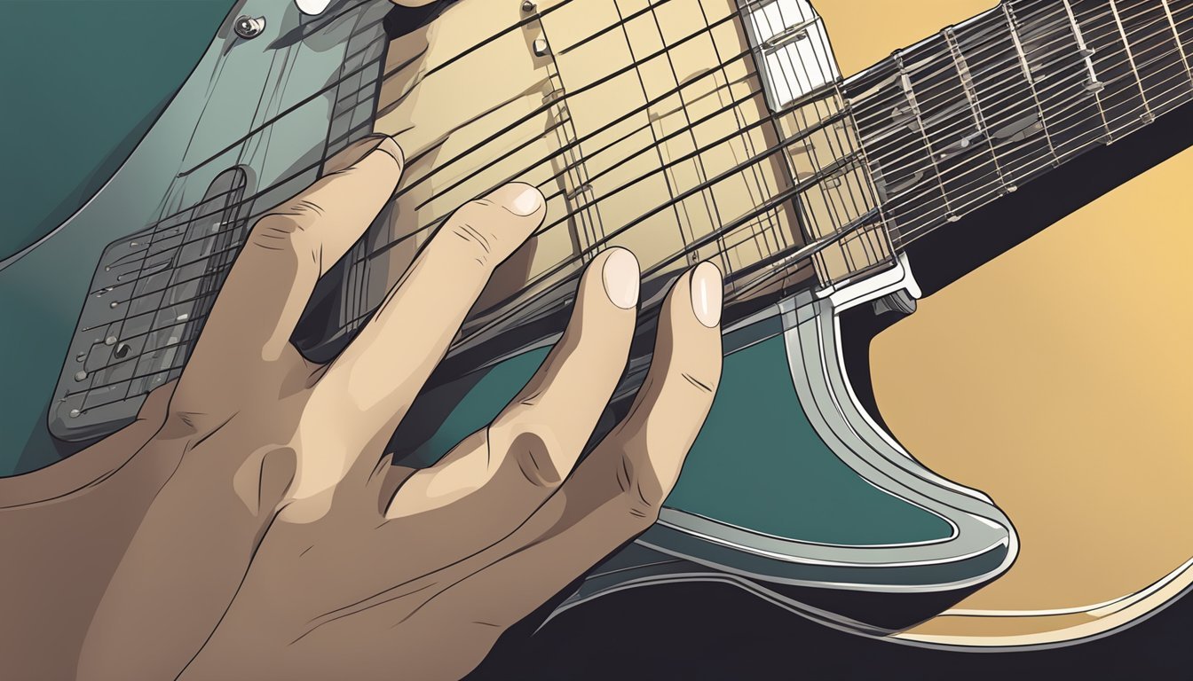 A guitar fretboard with fingers pressing down on the third fret of the A string